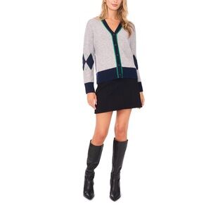 CeCe by Vince Camuto Woman’s Elbow Argyle  V-Neck Cardigan Sweater size M